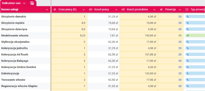 Używanie kalkulatora dla salonów fryzjerskich: krok 2