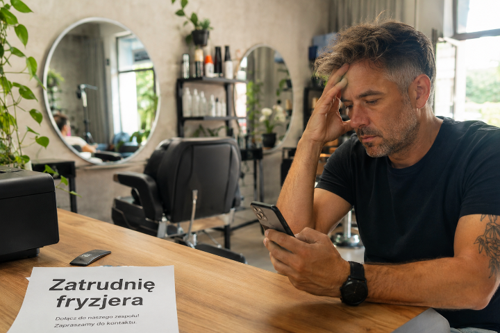 Właściciel salonu fryzjerskiego sprawdza telefon zmęczony brakiem odpowiedzi na ogłoszenie o pracę dla fryzjera